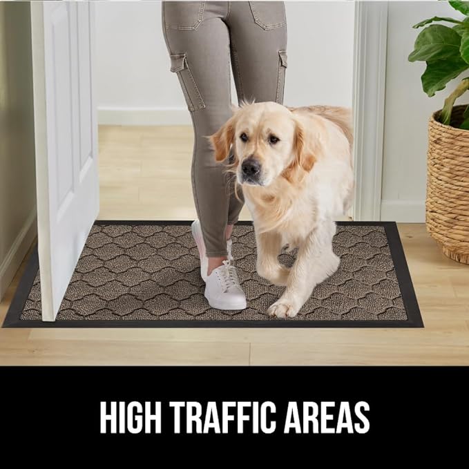GORILLA GRIP 100% Waterproof All-Season WeatherMax Doormat, 23x35, Durable Natural Rubber, Stain and Fade Resistant, Low Profile, Indoor Outdoor Doormats, Easy Clean Patio Entry Mat, Latte Quatrefoil
