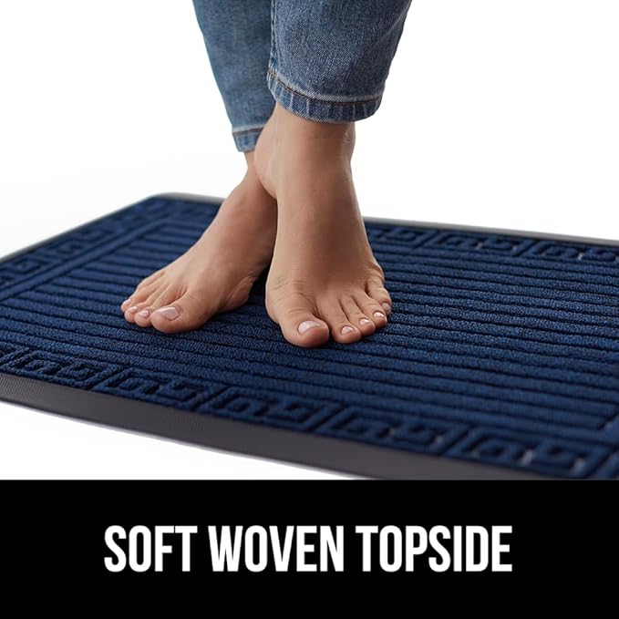GORILLA GRIP 100% Waterproof All-Season WeatherMax Doormat, Durable Natural Rubber, Stain and Fade Resistant, Low Profile, Indoor Outdoor Door Mats, Easy Clean Entrance Mat, 17x29, Navy Greek Keys