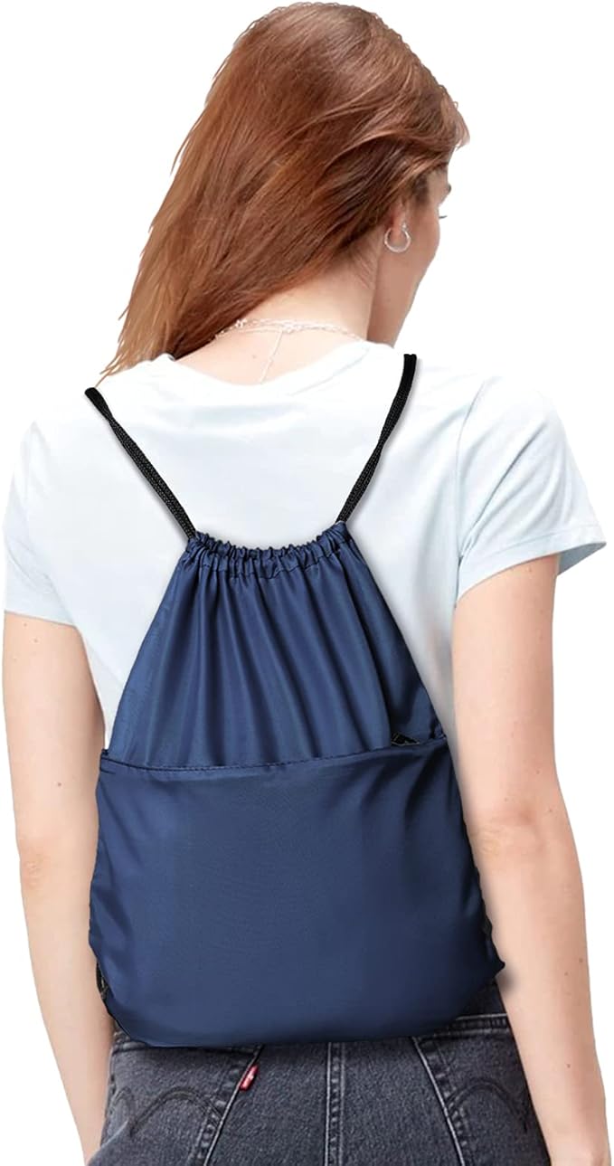 BuyAgain Drawstring Backpack Sports Water Resistant String Bag Sport Gym Sackpack for Women Men Large with Zipper, Navy