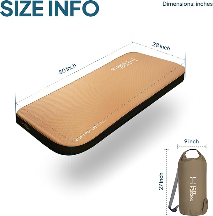 LOSTHORIZON Air & Foam Camping Mattress, Self-Inflating Sleeping Pad, 4.5" Thick, with Air Pump, Single