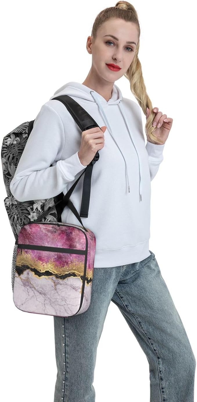 Fashion Marble Lilac Gold Purple Insulated Lunch Bag Reusable Cooler Lunch Box Portable Leakproof Thermal Container Tote Bags for Girls Boys School Travel