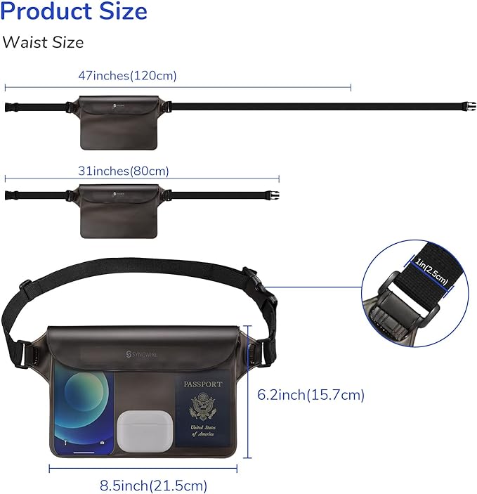 SYNCWIRE Waterproof Pouch Bag with Adjustable Waist Strap (2 Pack) - IP68 Waterproof Waist Bag Screen Touchable Dry Bag with Adjustable Belt for Beach, Swimming, Boating, Fishing, Hiking, etc