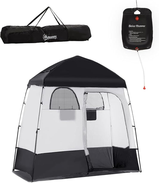 Outsunny Shower Tent, Pop Up Privacy Shelter for Camping, Dressing Changing Room, Portable Instant Outdoor Shower Tent Enclosure w/ 2 Rooms, Shower Bag, Floor and Carrying Bag