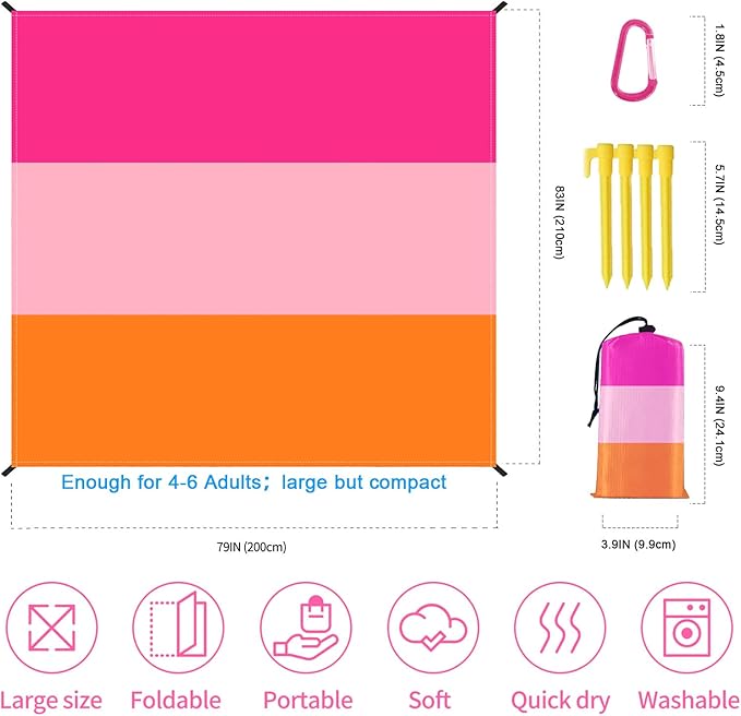 Beach Blanket, Waterproof Sandproof Beach Mat Oversized 79 X 83 Inch for 4-6 Adults, Lightweight Picnic Blanket, Portable Picnic Mat for Outdoor Travel Camping Hiking with 4 Stakes & 4 Corner Pocket