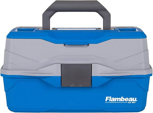 Flambeau Outdoors 6382TB 2-Tray Tackle Box - Classic Fishing Lure Storage Organizer, Medium Portable Tackle Box, 15 Tray Compartments, Blue/Gray