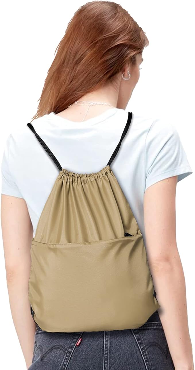BuyAgain Drawstring Backpack Sports Water Resistant String Bag Sport Gym Sackpack for Women Men Large with Zipper, Khaki