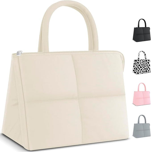 Coobiiya Stylish Lunch Box Lunch Bag for Women Men, Ultralight Thickened Leakproof Quilted Puffer Lunch Cooler Tote, Adult Small Cute Reusable Insulated Lunch Box for Work, Office, Travel (White)