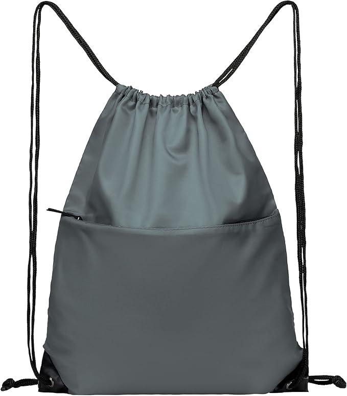 BuyAgain Drawstring Backpack Sports Water Resistant String Bag Sport Gym Sackpack for Women Men Large with Zipper, Grey