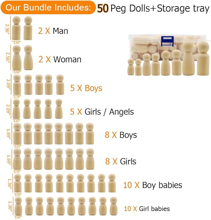 50 Pack Unfinished Wooden Peg Dolls, Abnaok Peg People, Doll Bodies, Wooden Figures, Decorative Peg Doll People for Kids DIY Art Craft, Painting, Peg Game, Home Party Decor, Assorted Shapes and Sizes