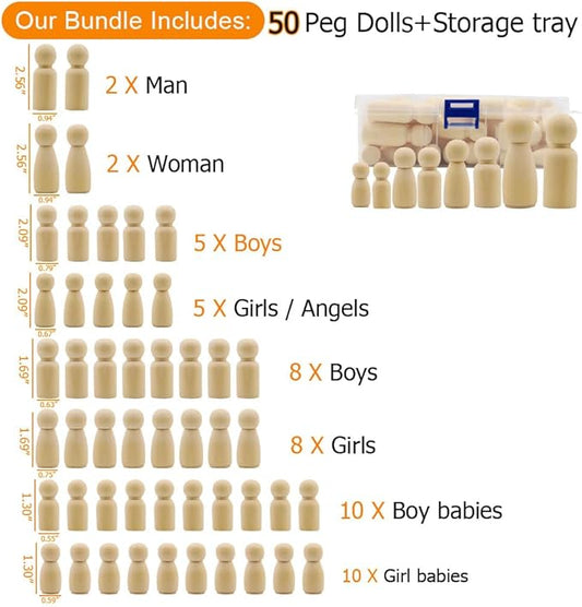 50 Pack Unfinished Wooden Peg Dolls, Abnaok Peg People, Doll Bodies, Wooden Figures, Decorative Peg Doll People for Kids DIY Art Craft, Painting, Peg Game, Home Party Decor, Assorted Shapes and Sizes