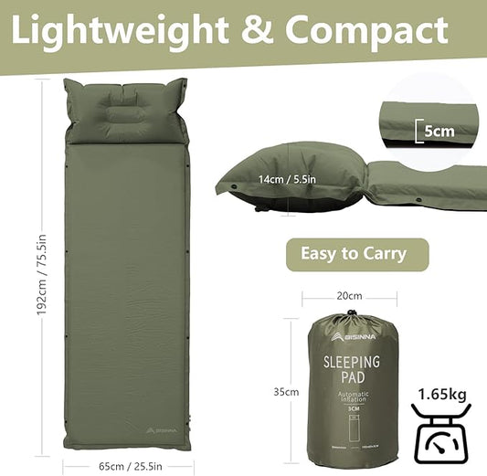 BISINNA Self Inflating Sleeping Pad Thick Foam Sleeping Mattress with Pillow for Camping Lightweight Insulated Sleeping Mat Fast Inflating for Camping Travel Car Tent