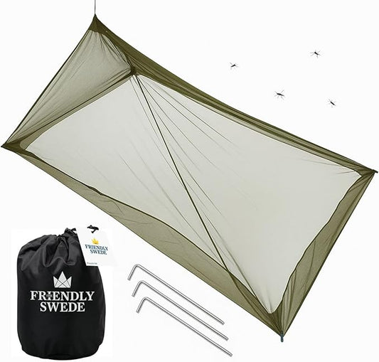 The Friendly Swede Outdoor Mosquito Net — Mosquito Netting for Camping & Bed; Army Green Bug Net with Stuff Sack, 4 Ground Stakes & Adjustable Cord; Single Bug Tent