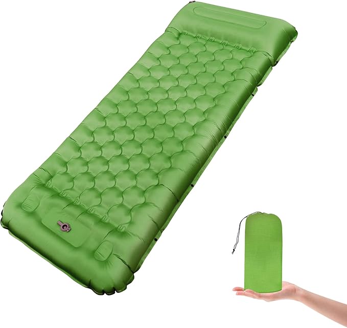 Camping Sleeping Pad, 50D Extra Thickness 4.7 Inch Inflatable Sleeping Mat Lightweight Waterproof Camping Pad, Foot Self-Inflating Sleeping Pads for Backpacking, Hiking, Traveling (Green+Grey)