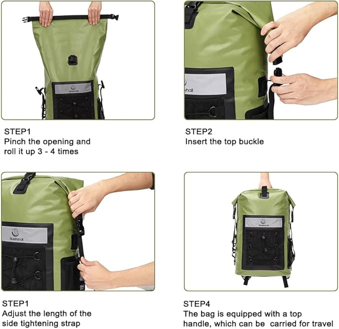 Blueshyhall 30L Waterproof Dry Backpack, Outdoor Travel Roll Top Closure Water Repellent Duffle Storage Sack for Kayaking Rafting Boating Fishing Camping and Beach - Green