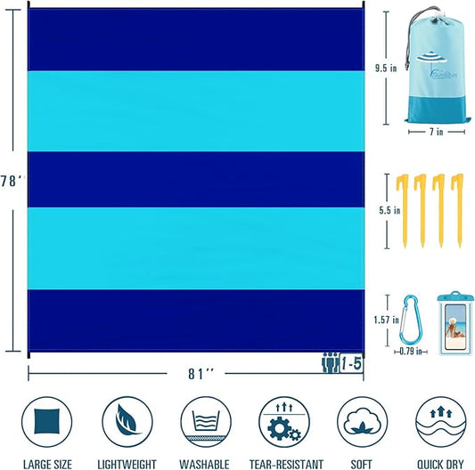 Beach Blanket Sandproof Waterproof 78''×81''1-5 Adults Oversized,Compact Lightweight Durable Beach Mat for Travel Camping Hiking Picnic Blanket