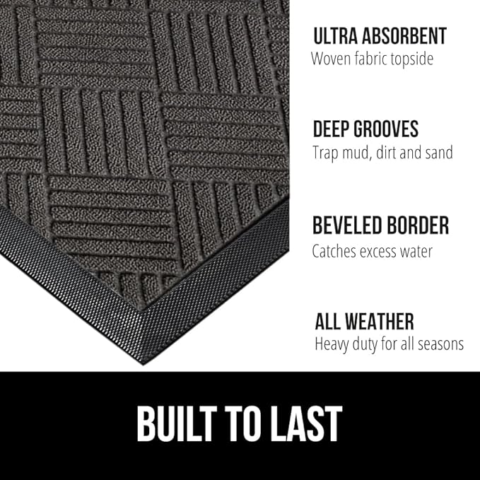 GORILLA GRIP 100% Waterproof All-Season WeatherMax Doormat, 47x35, Durable Natural Rubber, Stain and Fade Resistant, Low Profile, Indoor Outdoor Door Mats, Easy Clean Patio Entrance Mat, Gray Diamond