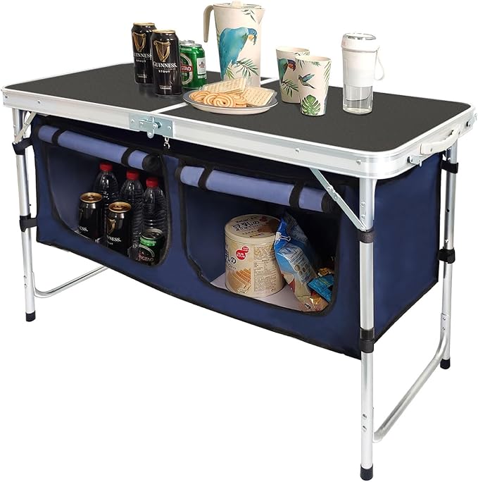 CampLand Outdoor Folding Table Aluminum Lightweight Height Adjustable with Storage Organizer for BBQ, Party, Camping