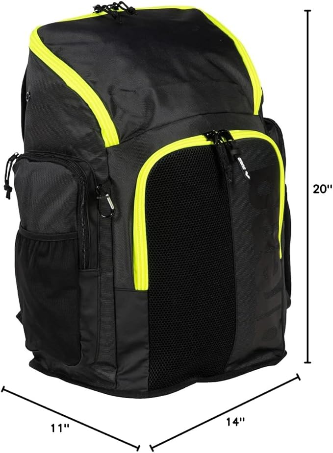 Arena Spiky III Backpack 45 Swimming Athlete Sports Gym Rucksack Large Training Gear Equipment Swim Bag for Men and Women, 45 Liters, Dark Smoke/Neon Yellow