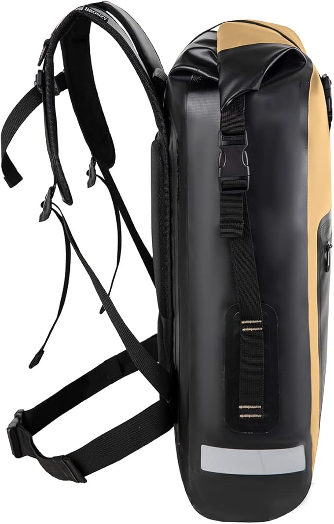 BRONZY Waterproof Backpack Dry Bag 30L Roll Top Closure With Front Zippered Pocket Heavy Duty Breathable Foam Padded Backing For Kayaking Camping Boating Hiking Beach (Khaki)