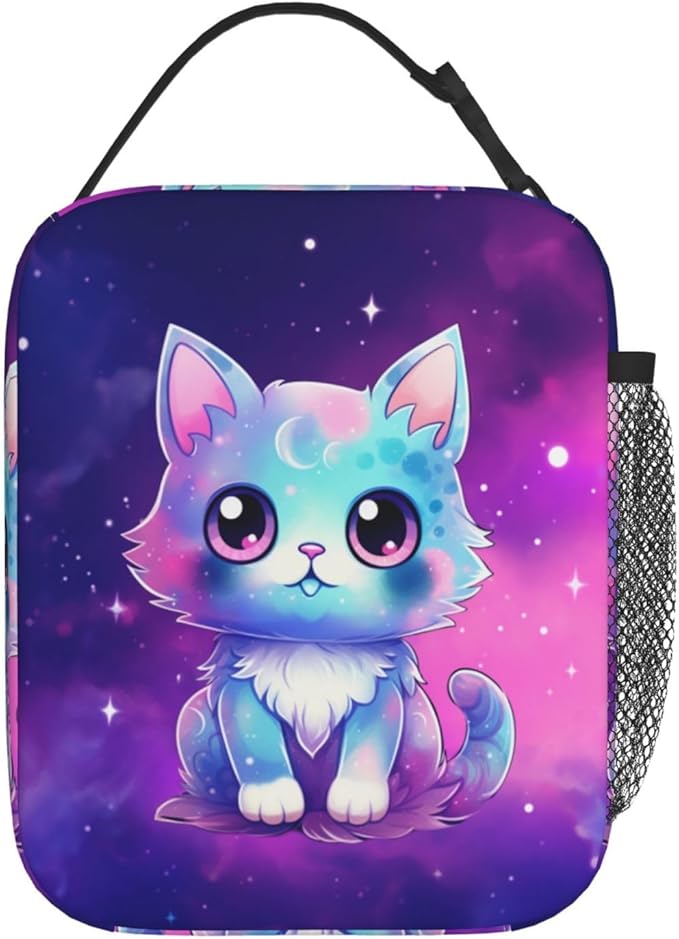 Galaxy Cute Cat Printed Insulated Lunch Box Portable Purple Lunch Bag with Detachable Handle,Reusable Lunchbox for Girls Boys Adults
