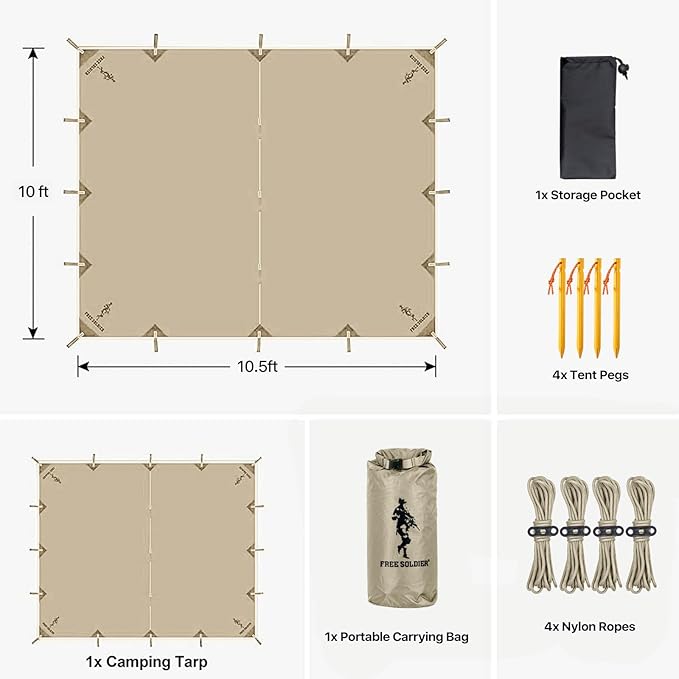 FREE SOLDIER Camping Tarp Waterproof Portable Multifunctional Outdoor Traveling Awning Backpacking Shelter Rain Tarp (Beige 10×10.5ft)