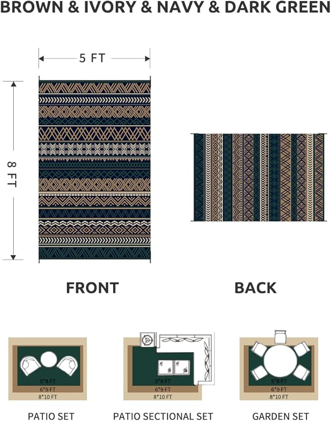 MontVoo Outdoor Rug Carpet Waterproof-Patio Rug Mat 5x8 Reversible RV Camping Rug Picnic Mat Plastic Straw Outside Rug for Balcony Porch Deck Beach-Boho Outdoor Area Rug for Patio Decor Colorful