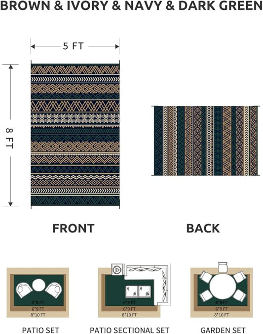 MontVoo Outdoor Rug Carpet Waterproof-Patio Rug Mat 5x8 Reversible RV Camping Rug Picnic Mat Plastic Straw Outside Rug for Balcony Porch Deck Beach-Boho Outdoor Area Rug for Patio Decor Colorful