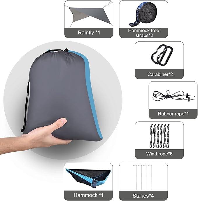Camping Hammock with Mosquito Net Rain Fly Heavy Duty Tree Strap Nylon Parachute Single Double Hammock Tent Waterproof Rainfly Set for Camping Backpacking Backyard Patio Hiking Travel Outdoor