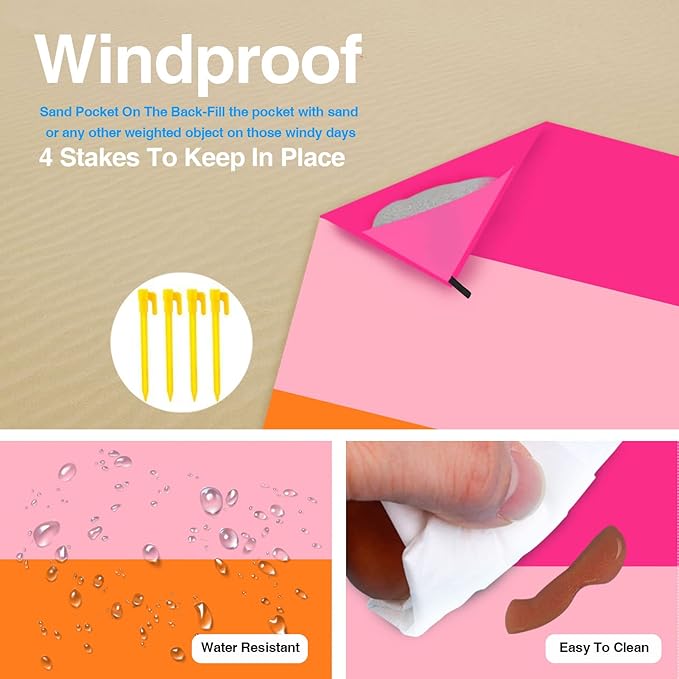 Beach Blanket, Waterproof Sandproof Beach Mat Oversized 79 X 83 Inch for 4-6 Adults, Lightweight Picnic Blanket, Portable Picnic Mat for Outdoor Travel Camping Hiking with 4 Stakes & 4 Corner Pocket