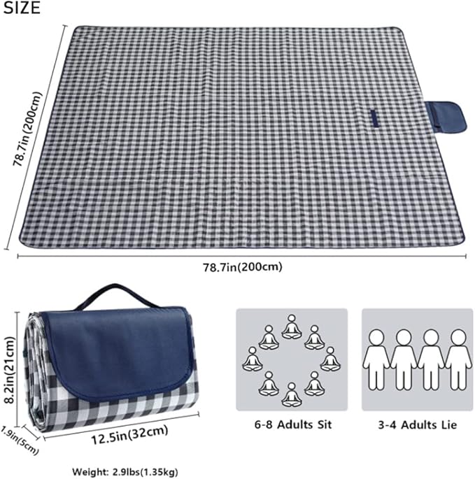 Outdoor Picnic Blanket, XL Foldable Waterproof Sand Beach Mat, Extra Large 80x80in for Beach Camping Hiking Travel Family Concerts Portable Beach Blankets（Darke Blue）