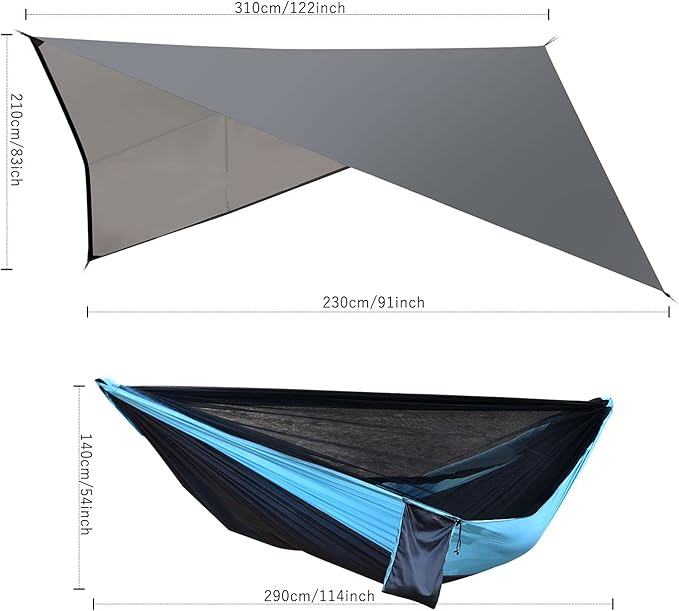 Camping Hammock with Mosquito Net Rain Fly Heavy Duty Tree Strap Nylon Parachute Single Double Hammock Tent Waterproof Rainfly Set for Camping Backpacking Backyard Patio Hiking Travel Outdoor