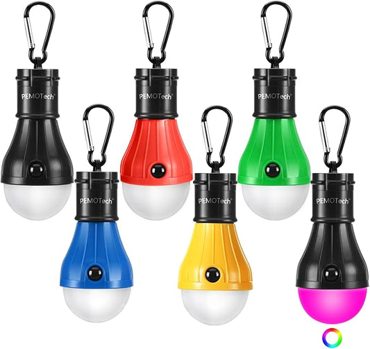 PEMOTech Camping Lights 6 Pack - Portable 5 pcs Tent Lights & 1pcs RGB Mode Lantern Bulb with Clip Hook, Emergency Lights Tent Lamp Camping Accessories for Camping Hiking Backpacking Fishing Outage