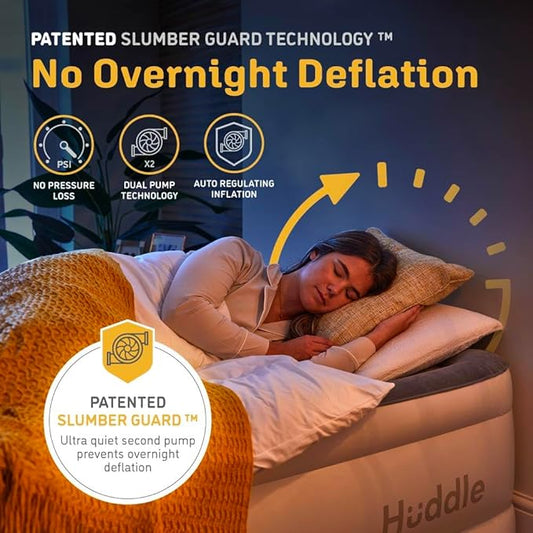 Huddle® Luxury Never Deflate Twin Air Bed with Patented Dual Pump SlumberGuard™ Premium Technology | Inflatable Mattress with Built-in Pump | Comfortable Inflatable Mattres