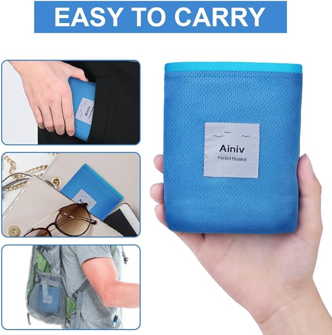 Picnic Blanket, Mini Pocket Beach Mat 55.1 x 70.8IN (3-5 People) Foldable, Lightweight Waterproof Sand Free, Foldable Thin Ground Sheet for Outdoor Camping Hiking Travel - with Hand Strap