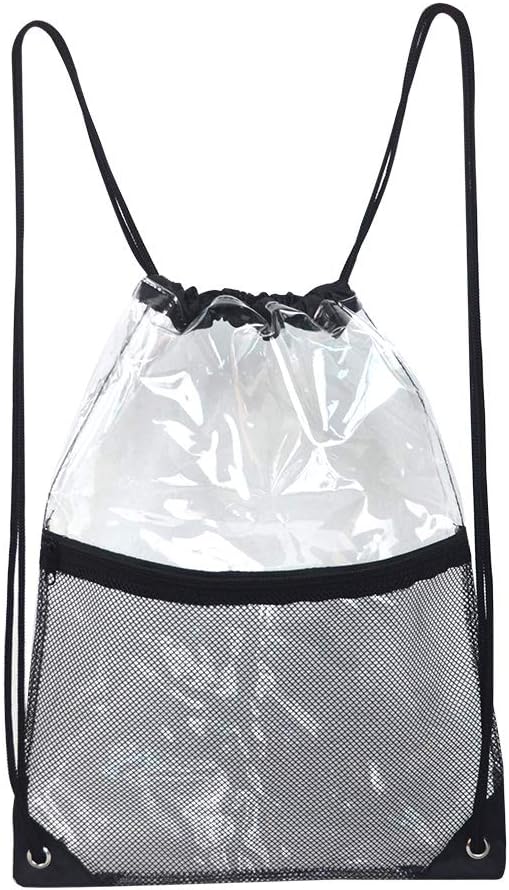 Clear Drawstring Bag, PVC Drawstring Backpack with Front Zipper Mesh Pocket