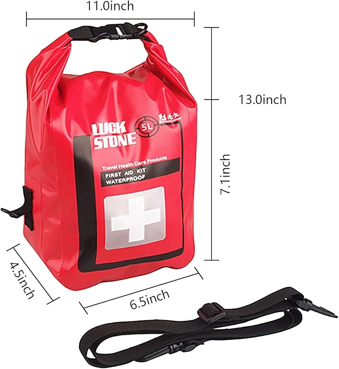 5L Waterproof First Aid Kit Bag Empty, Small Medicine Travel Storage Medicine Organizer Roll Top Dry Bag Cross Body, for Traveling, Camping, Kayaking, Boating, Beach, Red