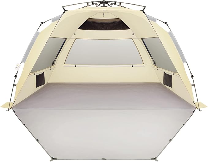 Oileus XX-Large Pop Up Beach Tent Sun Shelter for 5-6 Person Portable Sun Shade Instant Tent for Beach with Carrying Bag, Stakes, 6 Sand Pockets, Anti UV for Fishing Hiking Camping Khaki