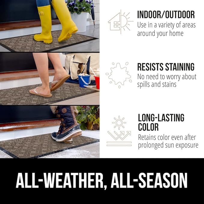 GORILLA GRIP 100% Waterproof All-Season WeatherMax Doormat, 72x24 Runner, Durable Natural Rubber, Stain and Fade Resistant, Low Profile, Indoor Outdoor Door Mats, Easy Clean Mat, Taupe Basket Weave