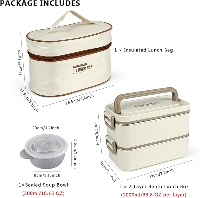Bento Box Adult Lunch Box, Portable Insulated Lunch Containers Set, 2-Tier Stackable Stainless Steel Bento Boxes with Thermal Lunch Bag Soup Bowl, Leakproof Food Container