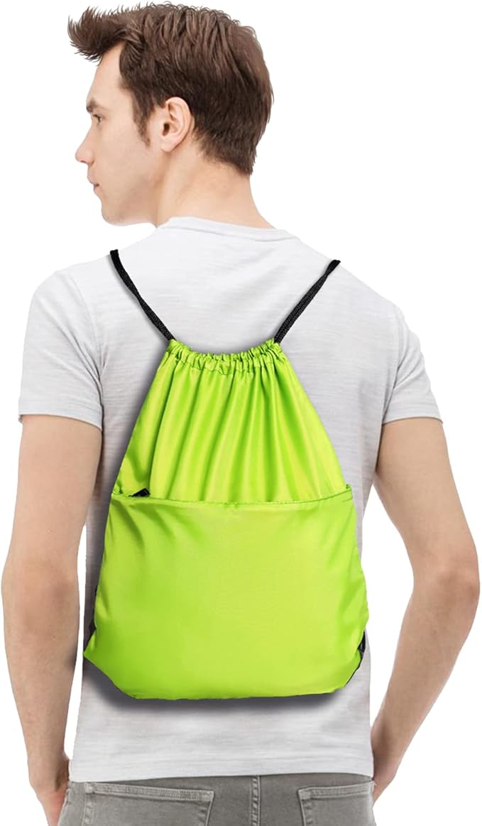 BuyAgain Drawstring Backpack Sports Water Resistant String Bag Sport Gym Sackpack for Women Men Large with Zipper, Apple Green
