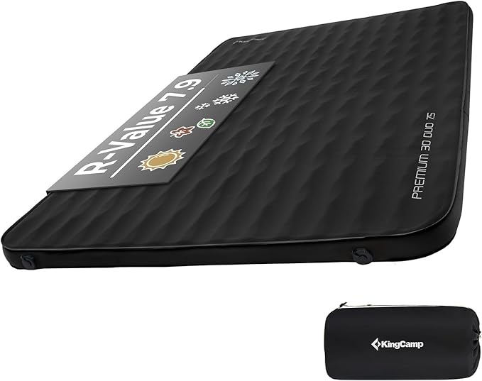 KingCamp Double Sleeping Pad, 2 Person Queen R 7.9 Self Inflating Sleeping Pad 3" Thick Full Size Foam Mattress Mat with 3D Sidewalls & Wave Surface Cut for Camping Tent Car, PVC Free (Black)