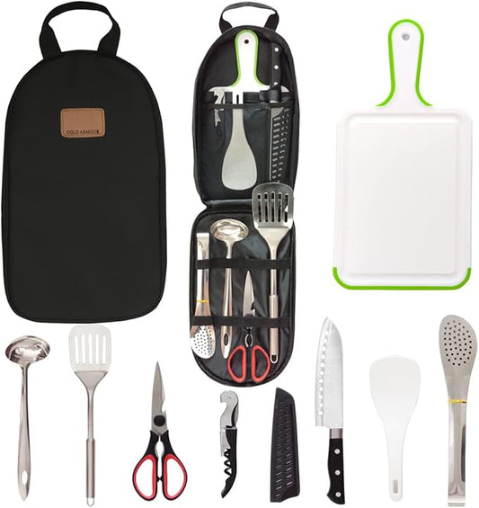 Camp Kitchen Utensil Organizer Travel Set Portable BBQ Camping Cookware Stainless Steel Utensils Travel Kit Outdoor Equipment Cutting Board Tongs Scissors Knife Ladle Spatula