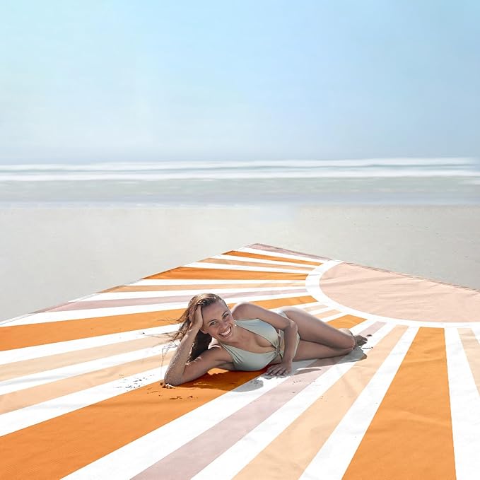 Beach Blanket Waterproof Sandproof Oversized, 9 Ft X 10 Ft Extra Large Beach Mat Sand Free Waterproof for 8 Adult, Lightweight & Compact Polyester Picnic Blankets w/Stakes & Corner Pockets-Boho Sun