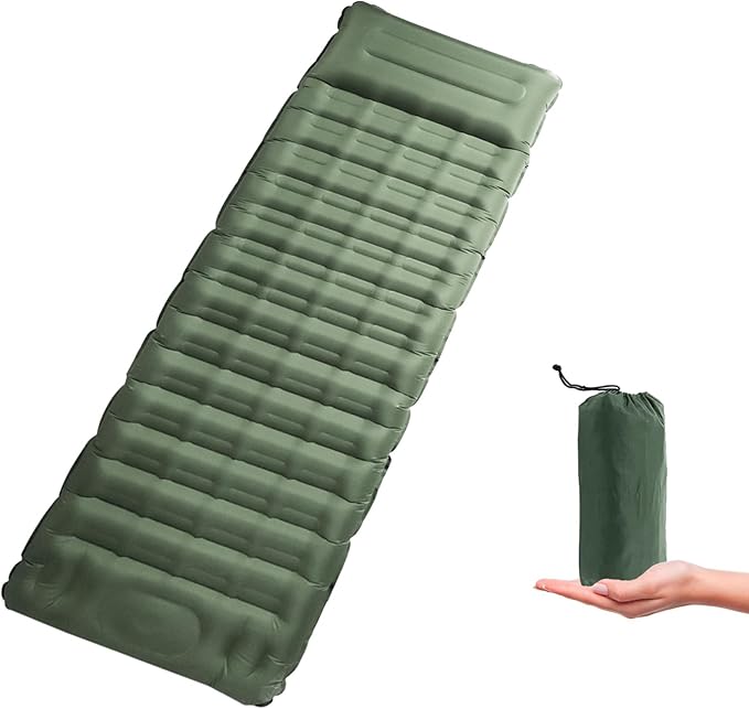 Green Self-Inflating Camping Sleeping Pad, 4.7' Thick, Single Air Mattress with Built-in Foot Pump, Waterproof, 72' x 20' x 4.7'
