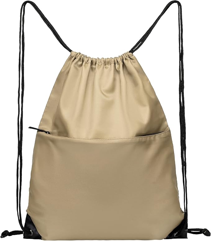 BuyAgain Drawstring Backpack Sports Water Resistant String Bag Sport Gym Sackpack for Women Men Large with Zipper, Khaki