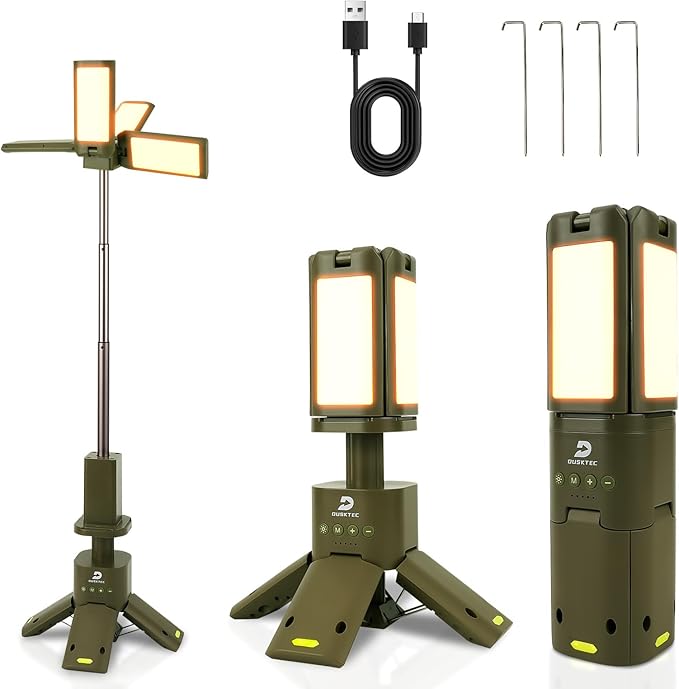 DUSKTEC 2000LM Camping Lantern, Portable IPX7 Waterproof Camping Lamp Rechargeable with 14000mAh, Magnetic Base & Telescopic Light Quadpod, 270° Rotating Blades, 3 Color Dimming for Emergency, Hiking