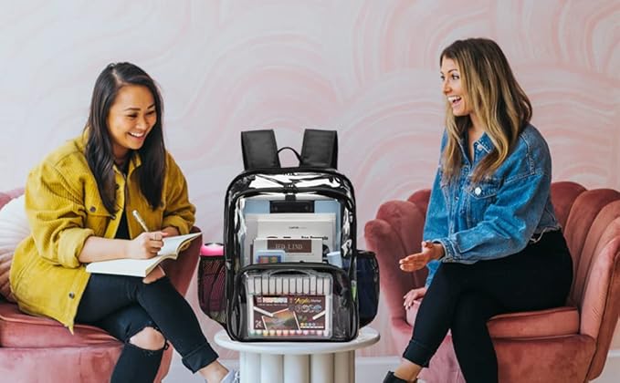 Clear Backpack, 15'' Clear Backpacks for School Heavy Duty See Through Bookbag Multi-pocket PVC Backpack for Men Women, Navy Blue