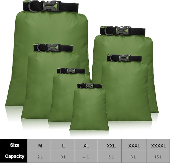 Shappy 6 Pcs Waterproof Dry Bag Set 6 Sizes Lightweight Sacks and Long Adjustable Shoulder Strap Outdoor Water Proof Keep Gear Dry Bag Stuff Sacks for Backpacking, Boating, Hiking, Camping (Green)