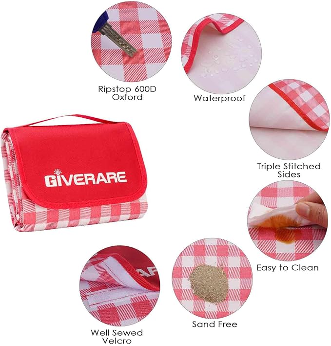GIVERARE Picnic Beach Blanket Extra Large, XL Sandproof Waterproof Outdoor Camping Blankets 80x60in, Sand Free Oversized Mat, Quick Drying Portable Mats for Travel, Hiking, Music Festival, Lawn-Red