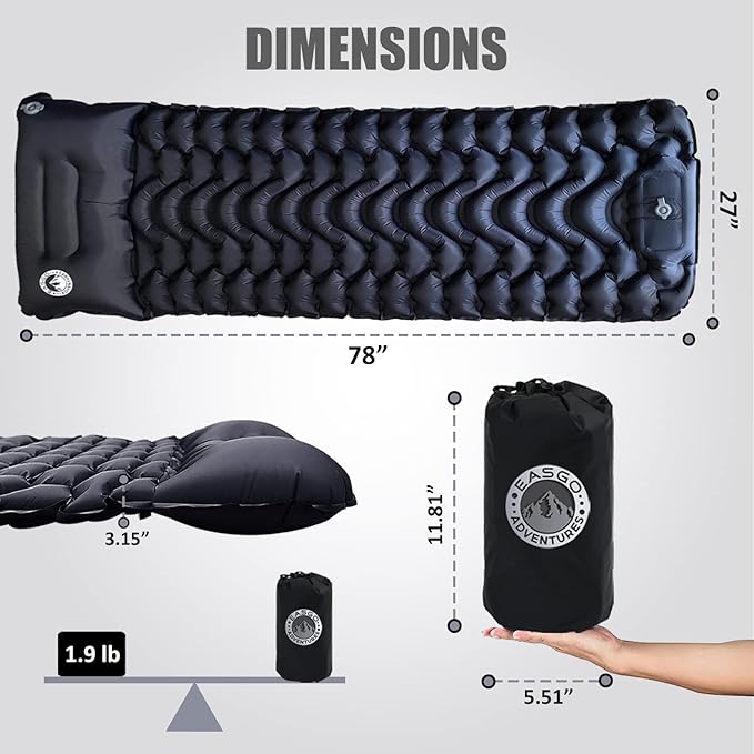 Sleeping Pad for Camping, Inflatable, Backpacking, Hiking, Travel, Built-in Step Inflating Air Pump, Integrated Pillow, Indoor Outdoor Firm Sleep Support, Compact and Portable, Black